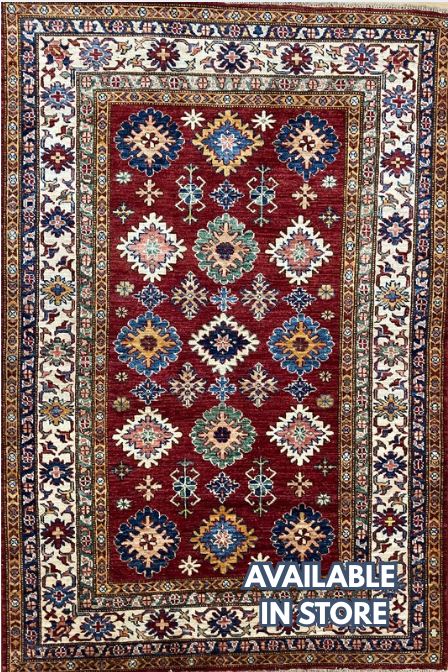 Super Kazak - 4' 00" x 5' 10" - Red Multicolor - Hand Knotted Wool Traditional Classic Super Kazak Rug