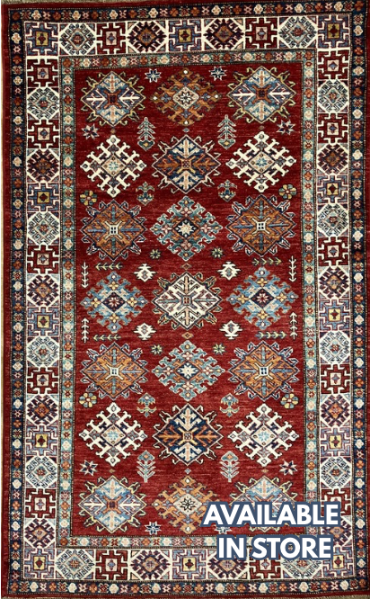 Super Kazak - 4' 00" x 6' 03" - Red Multicolor - Hand Knotted Wool Traditional Classic Super Kazak Rug