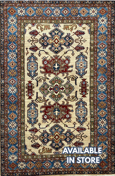 Super Kazak - 4' 00" x 6' 01" - Ivory Multicolor - Hand Knotted Wool Traditional Classic Super Kazak Rug