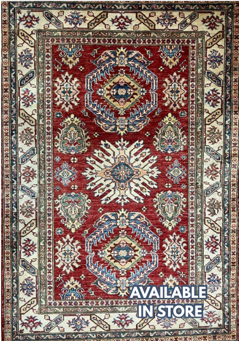 Super Kazak - 4' 03" x 6' 01" - Red Multicolor - Hand Knotted Wool Traditional Classic Super Kazak Rug