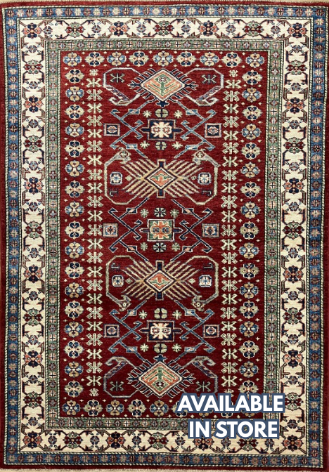 Super Kazak - 4' 00" x 5' 07" - Red Multicolor - Hand Knotted Wool Traditional Classic Super Kazak Rug