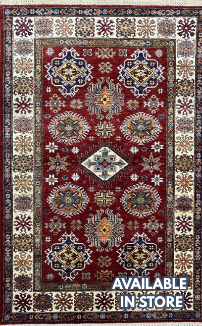 Super Kazak - 4' 00" x 6' 01" - Red Multicolor - Hand Knotted Wool Traditional Classic Super Kazak Rug