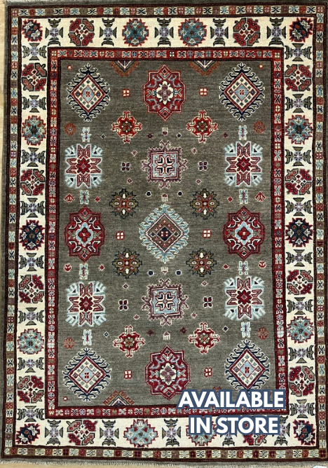 Kazak - 4' 02" x 5' 10" - Grey Ivory Red Blue - Hand Knotted Wool Traditional Classic Kazak Rug