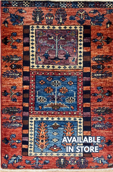 Nirvana Collection - 2' x 3' Rug - Rust & Blue Trees - Hand Knotted Traditional Classic Wool Rug