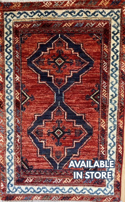 Nirvana Collection - 2' x 3' Rug - Red Rust & Blue Geometric - Hand Knotted Traditional Classic Wool Rug