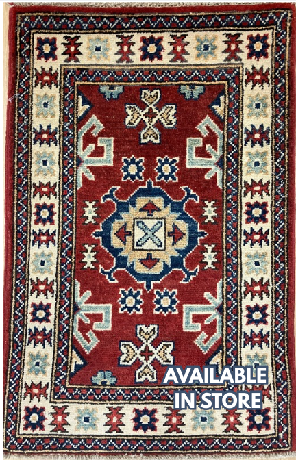 Kazak - 2' x 3' Rug - Red White & Blue - Hand Knotted Traditional Classic Wool Kazak Rug Mat