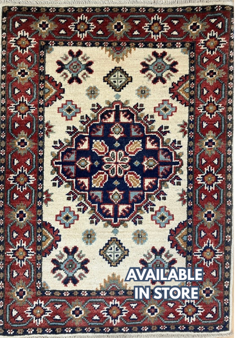 Kazak - 2' x 3' Rug - Ivory Red & Blue - Hand Knotted Traditional Classic Wool Kazak Rug Mat