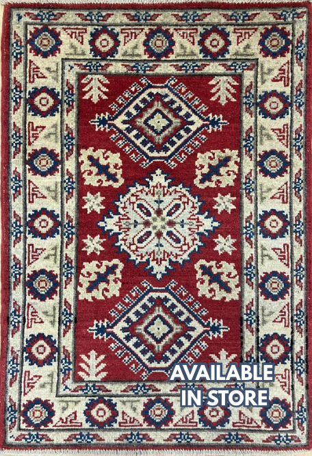Kazak - 2' x 3' Rug - Red Ivory & Blue - Hand Knotted Traditional Classic Wool Kazak Rug Mat