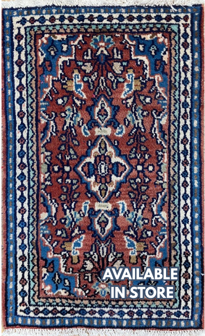 Persian Hamadan - 1' 10" x 2' 10" Rug - Blue & Rust Multicolor - Hand Knotted Traditional Classic Persian Wool Rug Mat