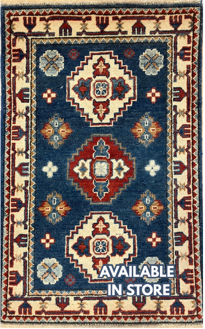 Kazak - 2' x 3' Rug - Blue Red Ivory - Hand Knotted Traditional Classic Wool Kazak Rug Mat