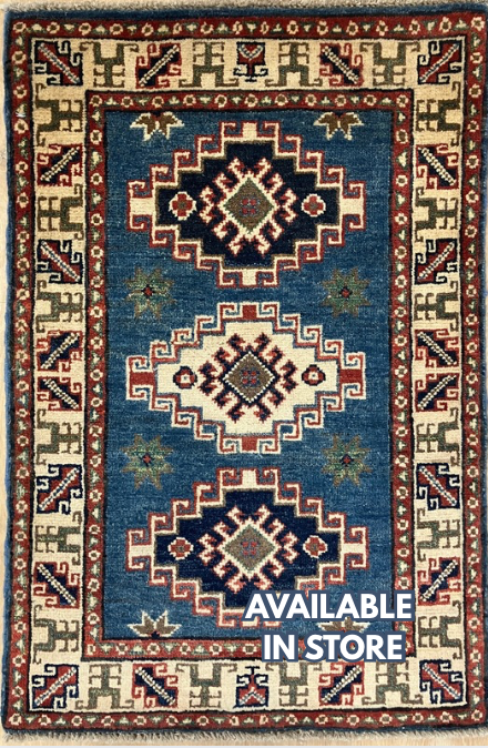 Kazak - 2' x 3' Rug - Blue & Ivory - Hand Knotted Traditional Classic Wool Kazak Rug Mat