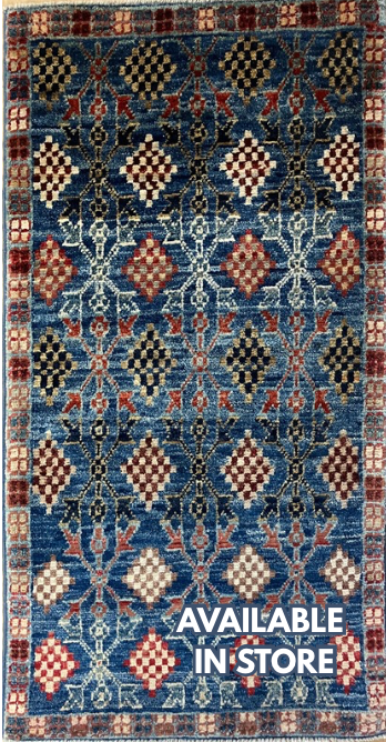Nirvana Collection - 1' 08" x 3' 03" Rug - Blue Multicolor Diamonds - Hand Knotted Traditional Classic Wool Rug Mat