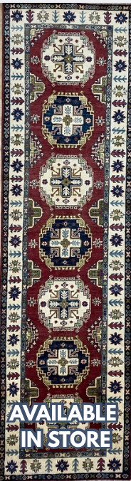 Kazak Runner - 3' 01" x 9' 08" - Red Ivory Blue - Hand Knotted Wool Traditional Classic Kazak Runner