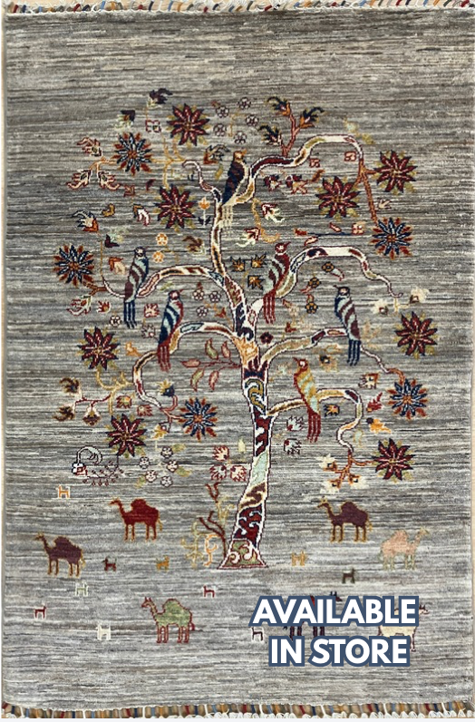 Ziegler Tree of Life Animal Scene - 3' 05" x 5' 00" - Grey with Multicolor Animal Garden Scene - Hand Knotted Classic Wool Rug