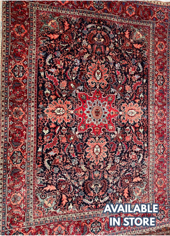 Semi Antique 1950's Persian Bidjar Area Rug - 8' 06" x 11' 08" - Floral Red, Navy, Coral, Ivory - Hand Knotted Wool Classic Traditional Area Rug
