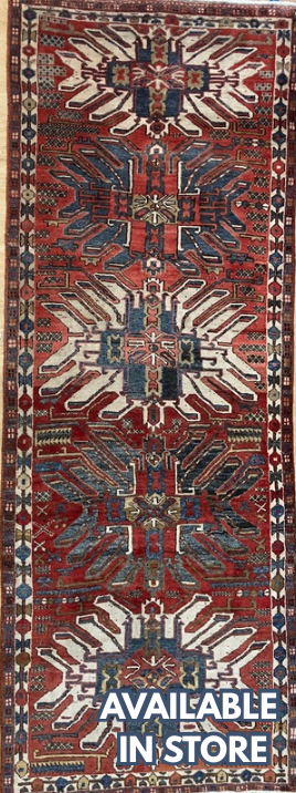 Vintage Persian Heriz - 3' 06" x 9' 05" - Red, Ivory & Red - 40-50 Year Old Hand Knotted Tribal Rustic Classic Wool Rug